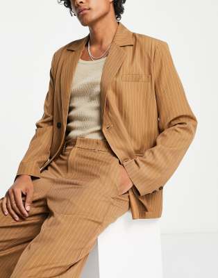 Reclaimed Vintage boxy blazer in brown pinstripe - part of a set-Navy