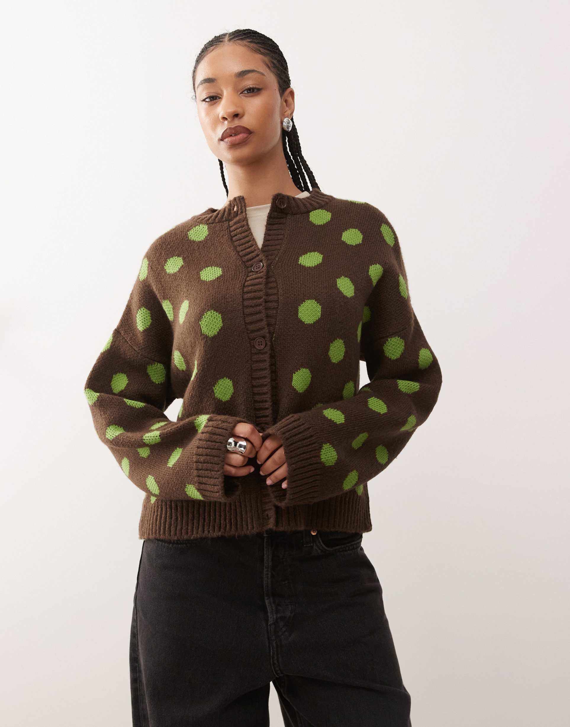 reclaimed vintage boxy cardigan in brown and green polka dot print
