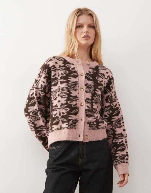Reclaimed Vintage boxy cardigan in pink and brown floral print