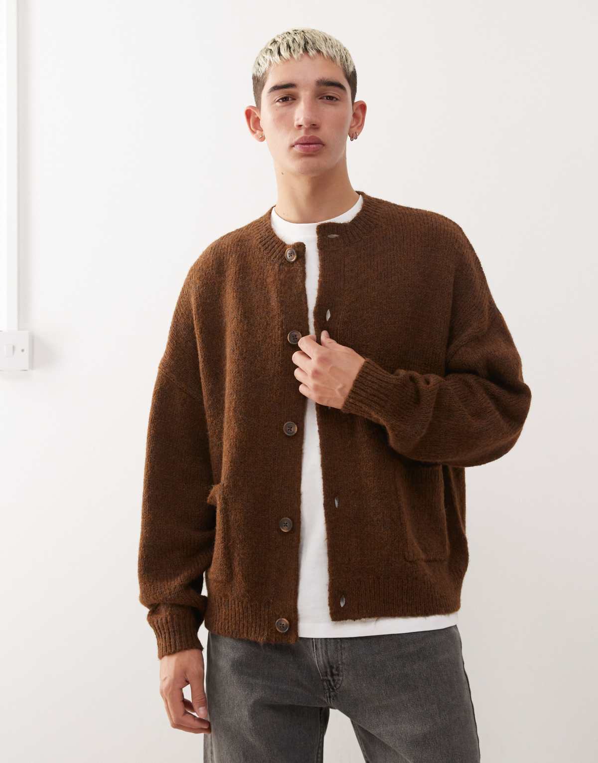 Reclaimed Vintage boxy cardigan with front pockets in brown