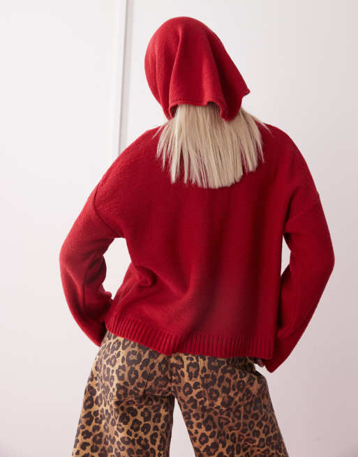 Reclaimed Vintage boxy cardigan with triangle scarf set in cherry red