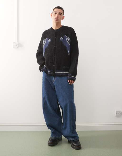 Reclaimed Vintage boxy crew neck knit cardigan with hare intarsia in black