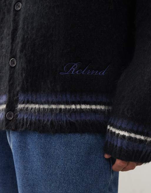 Reclaimed Vintage boxy crew neck knit cardigan with hare intarsia in black