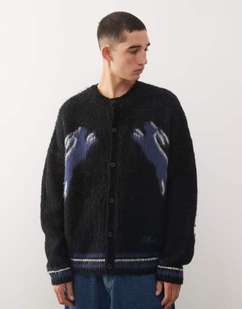 Reclaimed Vintage boxy crew neck knitted cardigan with hare print in black - view 1