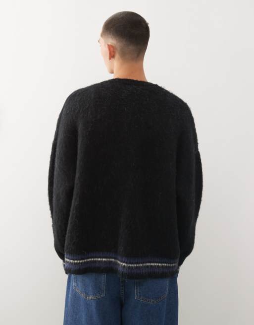 Reclaimed Vintage boxy crew neck knitted cardigan with hare print in black , 3 of 5