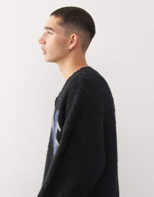 Reclaimed Vintage boxy crew neck knitted cardigan with hare print in black , 4 of 5