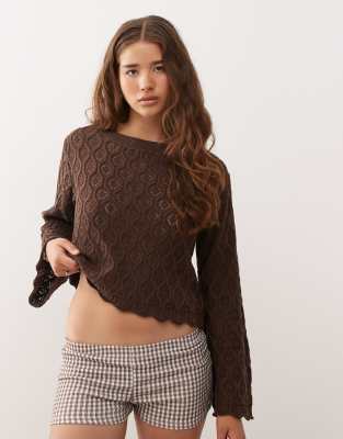 Reclaimed Vintage boxy crochet flared sleeve knit sweater in chocolate brown