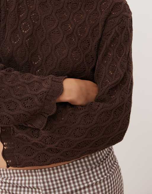 Reclaimed Vintage boxy crochet flared sleeve knitted jumper in chocolate brown, 2 of 4