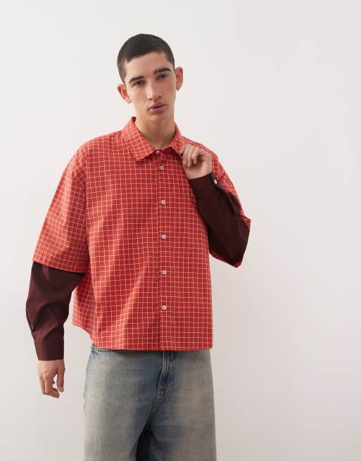 Reclaimed Vintage boxy crop red check shirt with burgundy long sleeve underlay