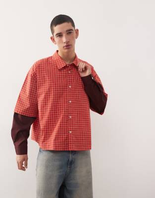 Reclaimed Vintage Reclaimed Vintage boxy crop red check shirt with double layer sleeve in burgundy