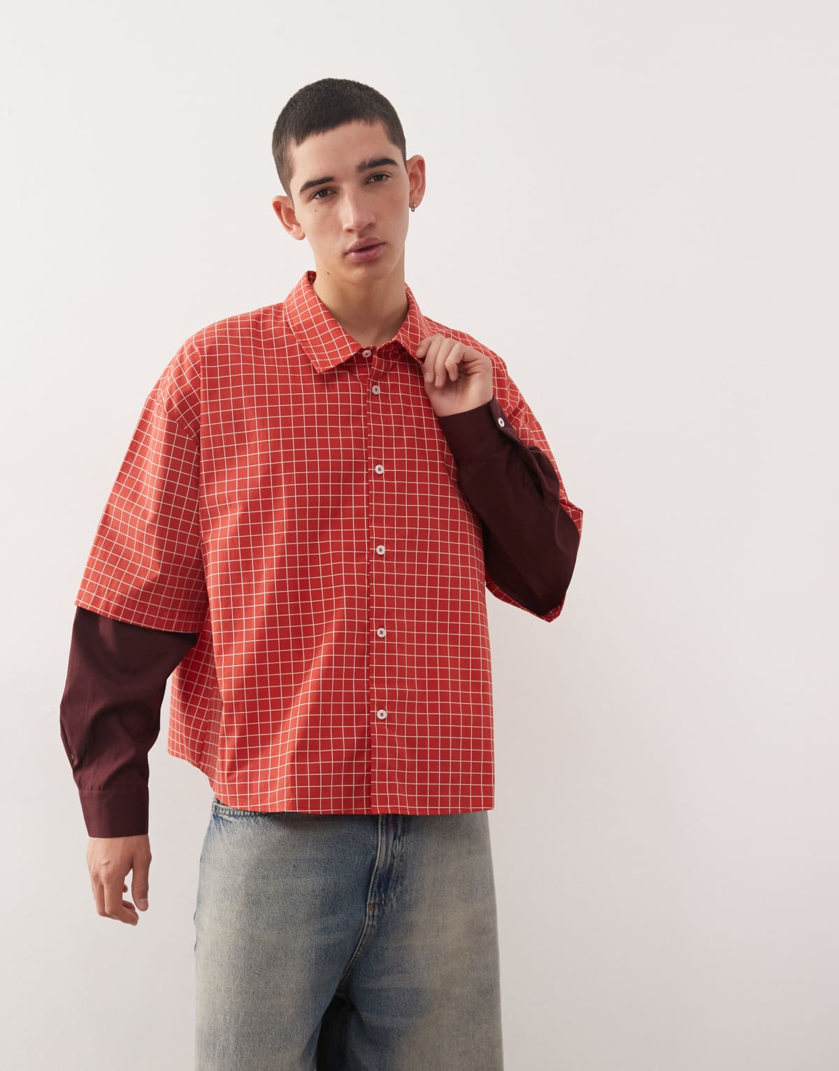 Reclaimed Vintage boxy crop red check shirt with double layer sleeve in burgundy