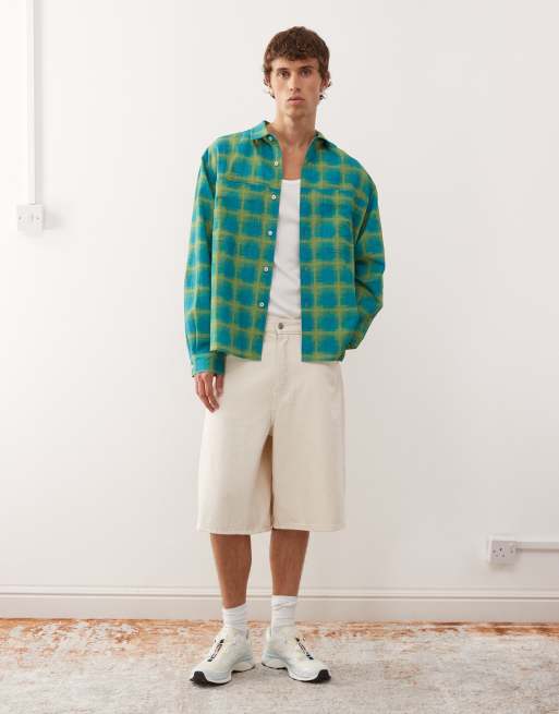 Reclaimed Vintage boxy crop shirt in in brushed green and blue check, 2 of 5