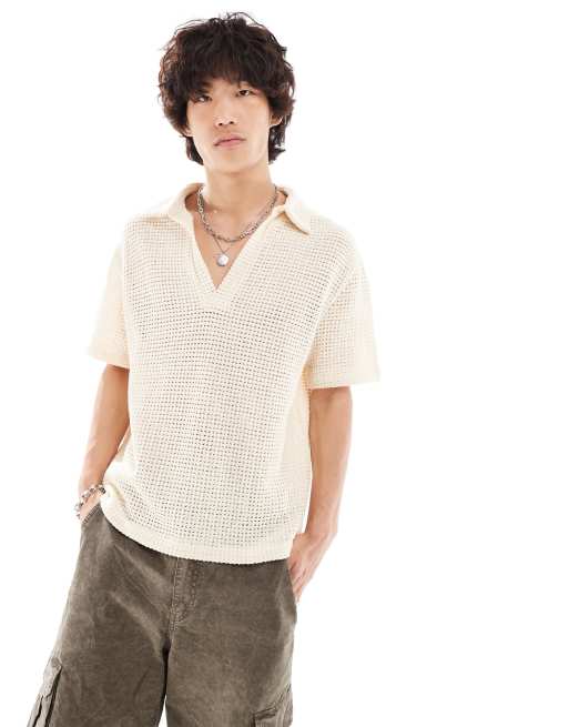 Reclaimed Vintage - Boxy cropped gehaakte polo in crème