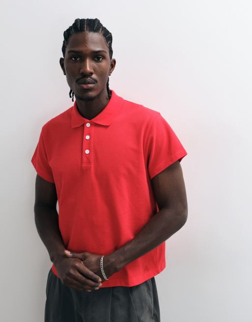 Reclaimed Vintage boxy cropped polo top in red, 2 of 5