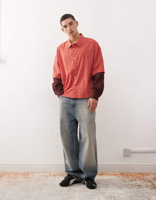 Reclaimed Vintage boxy cropped red check shirt with double layer