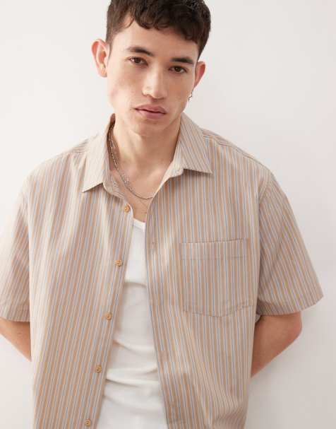 Reclaimed Vintage boxy cropped shirt in beige and blue stripe - view 1