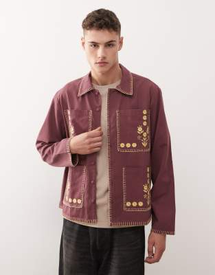 Reclaimed Vintage Reclaimed Vintage boxy cropped shirt with contrast stitching and embroidery in burgundy red