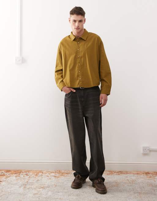 Reclaimed Vintage boxy cropped shirt with contrast stitching in khaki and navy