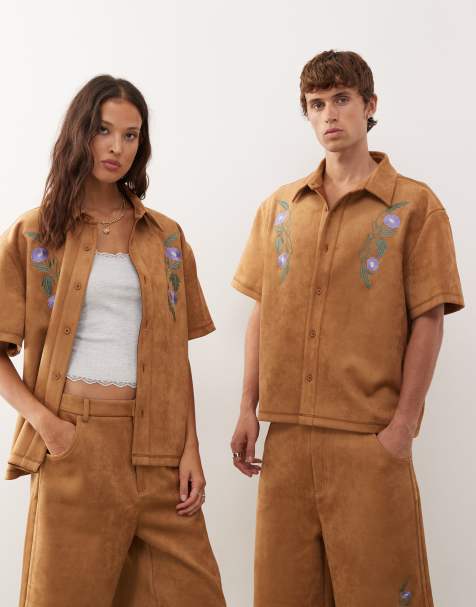 Reclaimed Vintage boxy faux suede shirt co-ord with embroidery in tan - view 1