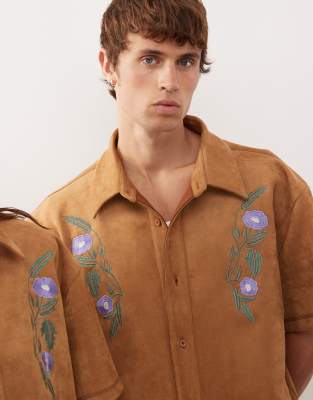 Reclaimed Vintage Boxy Faux Suede Shirt With Embroidery