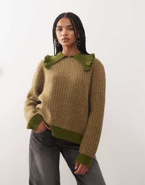 Reclaimed Vintage boxy fit knit sweater with collar in green and pink print - view 1