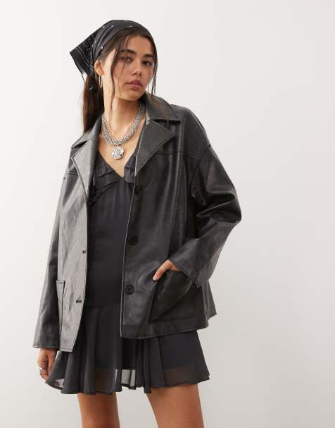 Reclaimed Vintage boxy fit leather look blazer in black - view 1