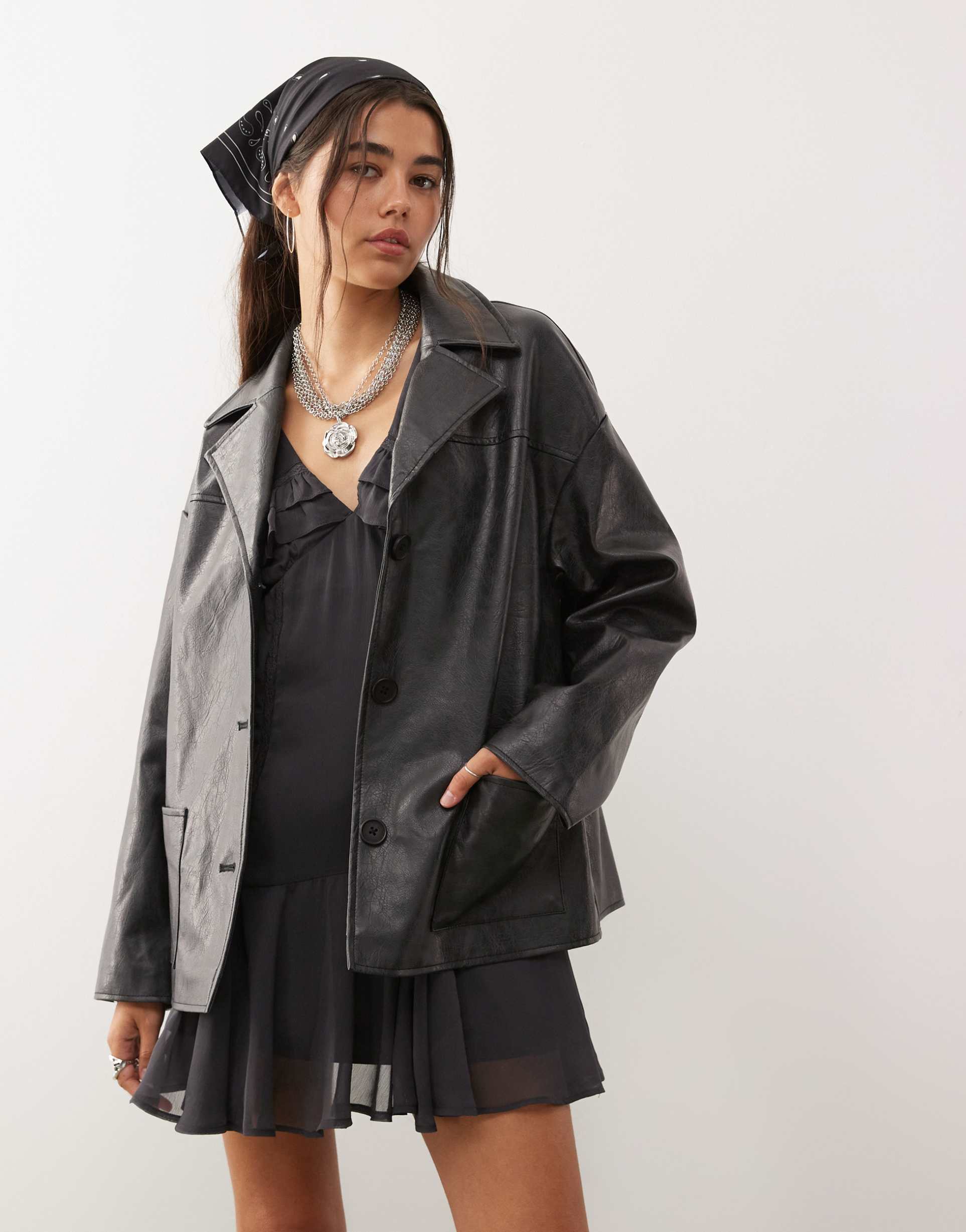 reclaimed vintage boxy fit leather look blazer in black