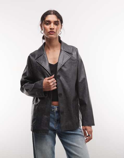 Reclaimed Vintage boxy fit leather look blazer in black - view 1