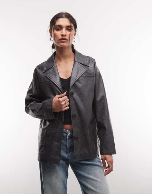 Reclaimed Vintage boxy fit leather look blazer in black, 1 of 4