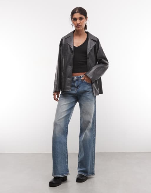 Reclaimed Vintage boxy fit leather look blazer in black, 2 of 4
