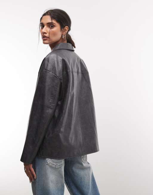 Reclaimed Vintage boxy fit leather look blazer in black, 3 of 4