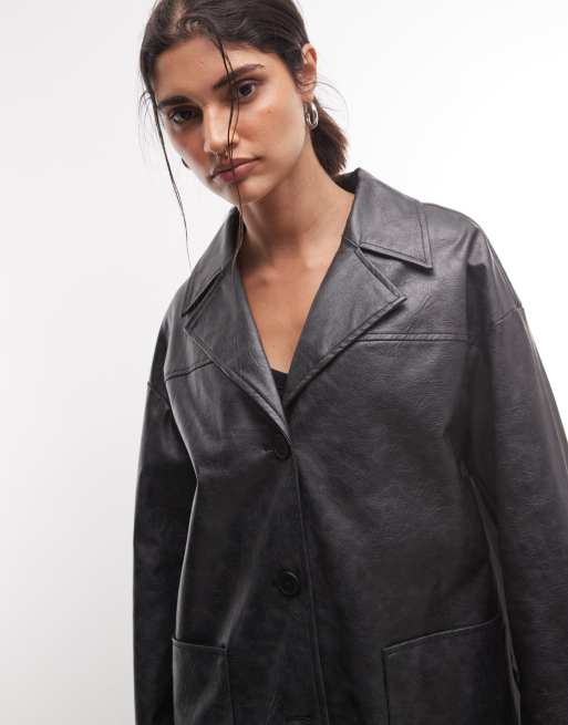 Reclaimed Vintage boxy fit leather look blazer in black, 4 of 4