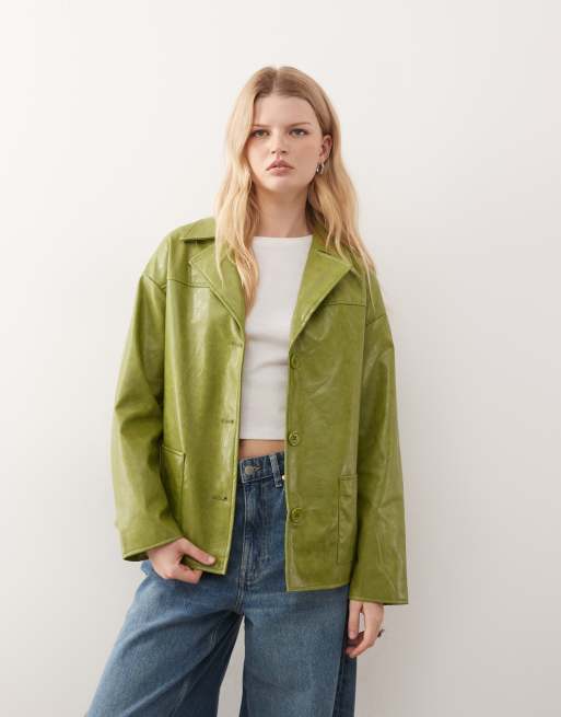 Reclaimed Vintage boxy fit leather look blazer in green 