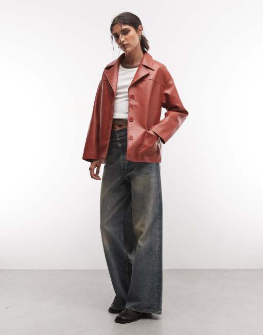 Reclaimed Vintage boxy fit leather look blazer in red, 1 of 4