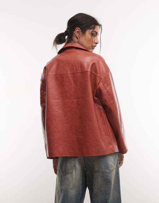 Reclaimed Vintage boxy fit leather look blazer in red, 2 of 4
