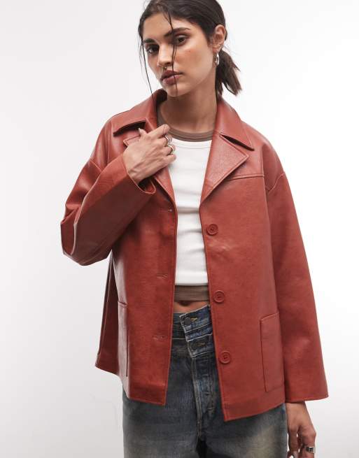 Reclaimed Vintage boxy fit leather look blazer in red, 3 of 4