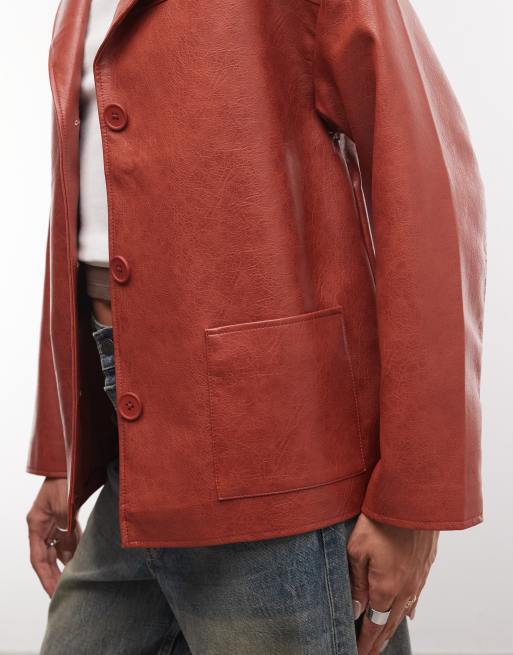 Reclaimed Vintage boxy fit leather look blazer in red, 4 of 4