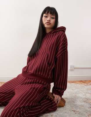 boxy hoodie in burgundy pinstripe-Red