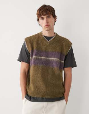 Reclaimed Vintage Boxy Knit V-neck Vest With Striped Chest Panel In Green