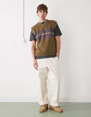 Reclaimed Vintage Boxy Knit V-neck Vest With Striped Chest Panel In Green