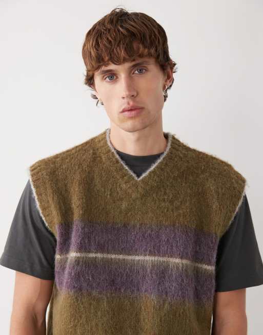 Reclaimed Vintage boxy knit v-neck vest with striped chest panel in green , 5 of 5