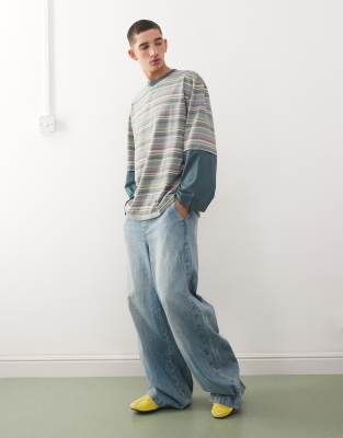 Reclaimed Vintage Boxy Ringer T-shirt With Mock Double Layer Long Sleeve In Gray
