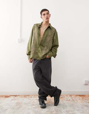 boxy satin shirt with embroidery in khaki-Green