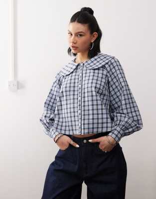 boxy shirt with peter pan collar and balloon sleeves in blue check-Multi