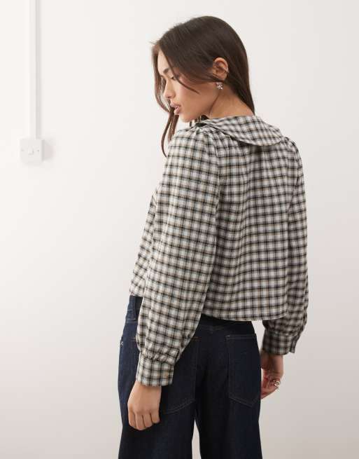 Reclaimed Vintage boxy shirt with peter pan collar and ruffle in brown and blue check, 3 of 4