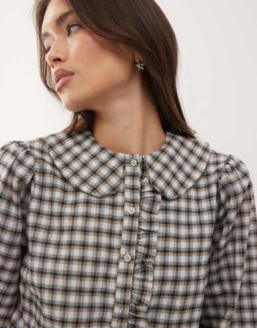 Reclaimed Vintage boxy shirt with peter pan collar and ruffle in brown and blue check, 4 of 4