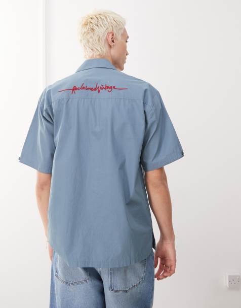 Reclaimed Vintage boxy short sleeve shirt with back embroidery detail in blue - view 1