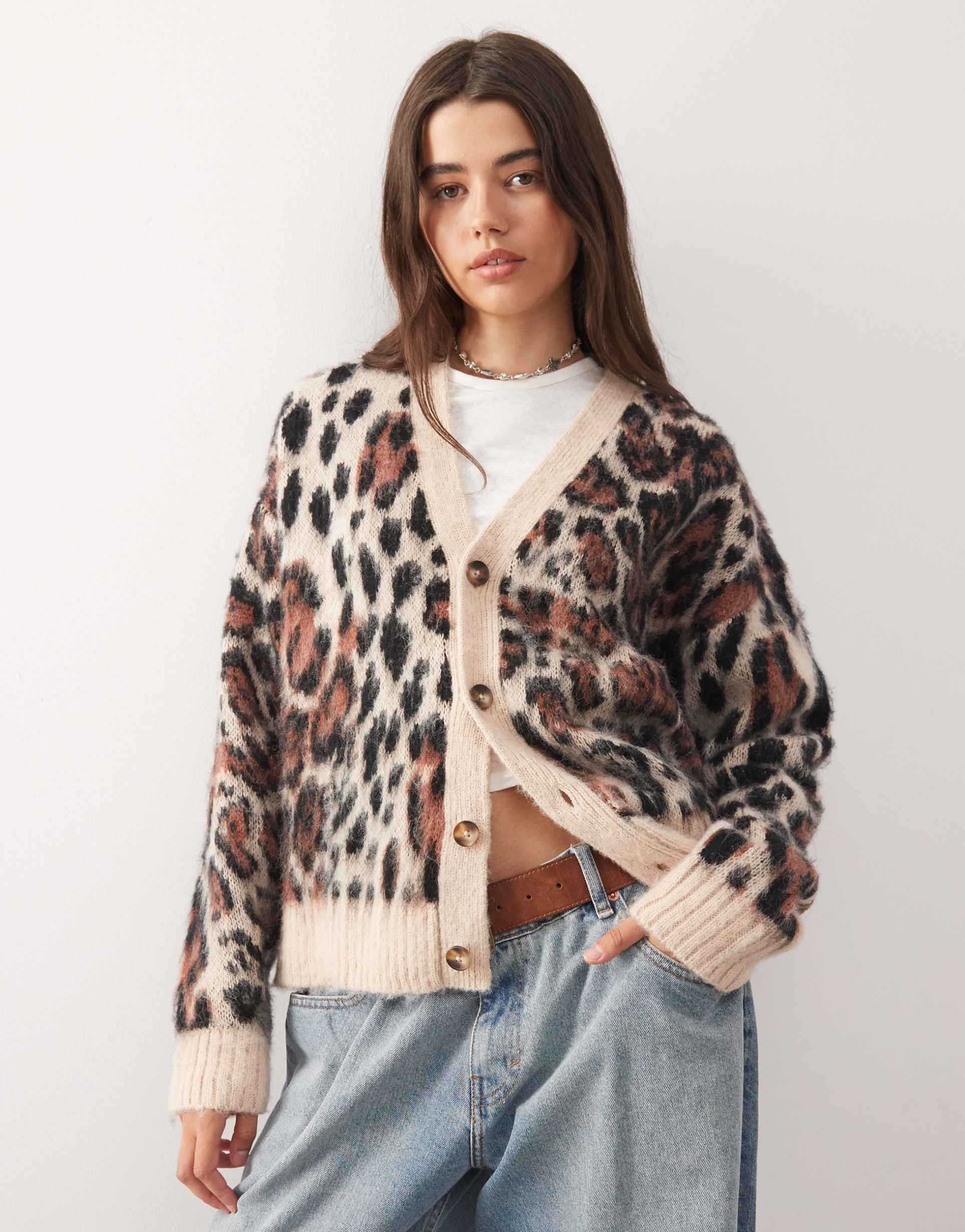 reclaimed vintage boxy v-neck cardigan in animal print