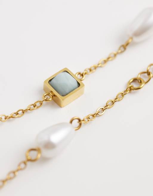 Reclaimed Vintage - Bracciale in acciaio inossidabile con pietra blu e perla a goccia, 2 di 3
