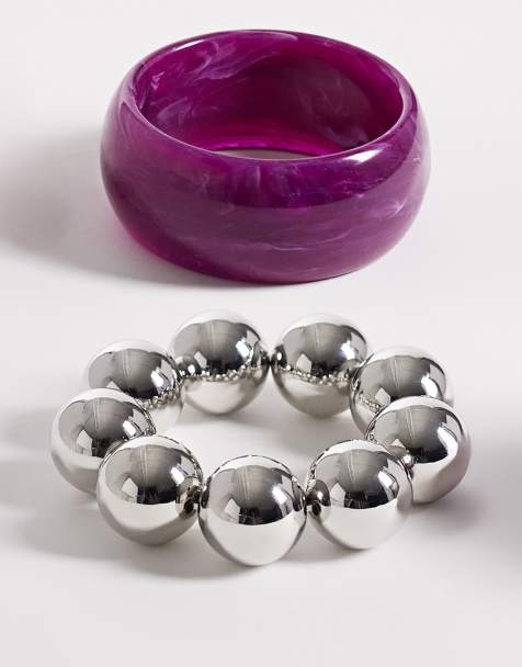 Reclaimed Vintage bracelet 2 pack with purple bangle and large silver bead bracelet - view 1